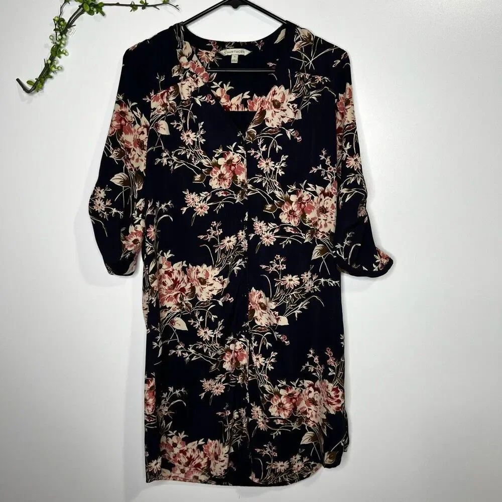 41 Hawthorn Dress Navy Blue Floral Mauve Cream Long Sleeve Roll Sleeve